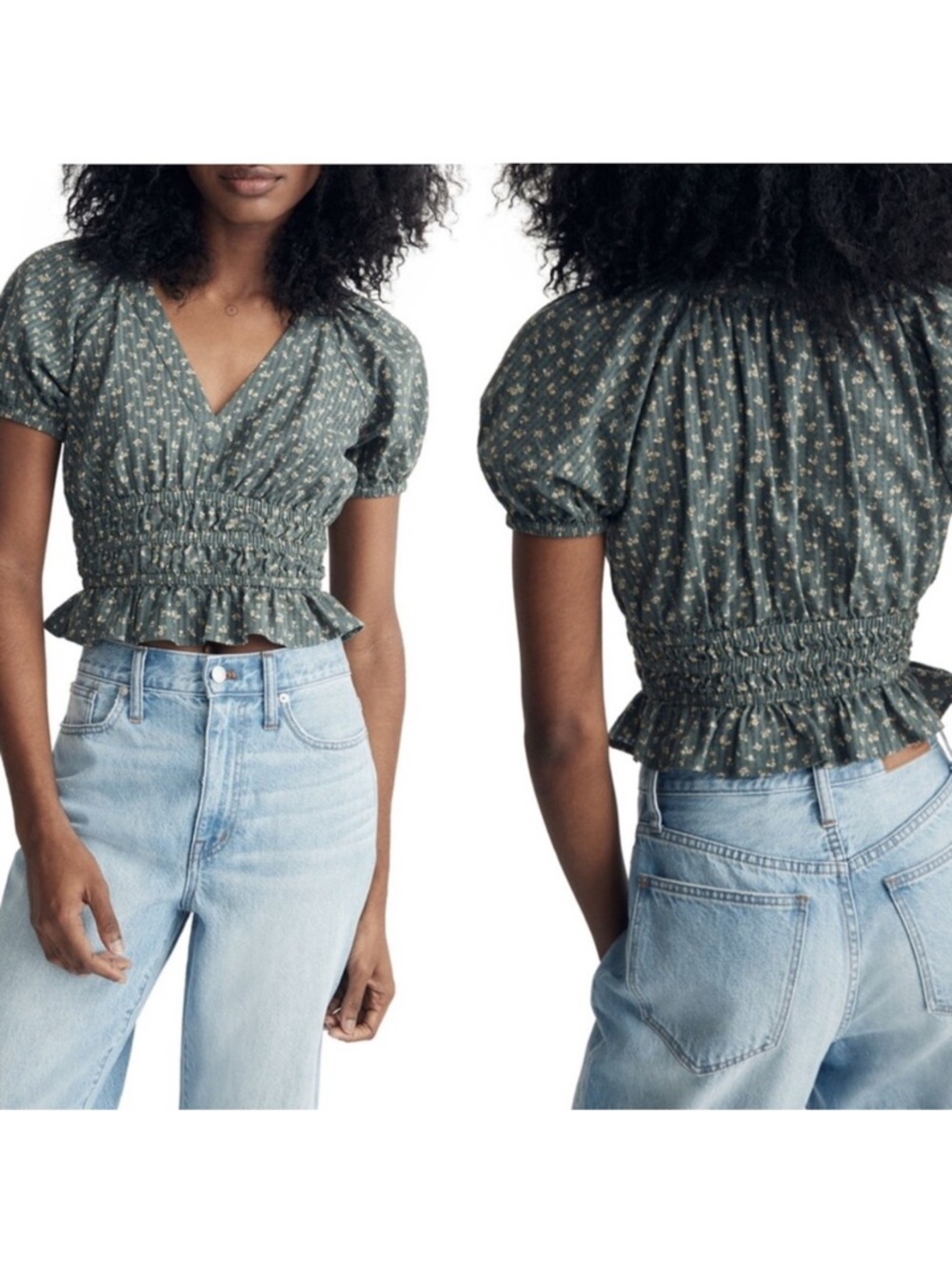 Madewell Manon Cotton Check Voile Top Green Floral Smocked Puff-Sleeve Crop Boho